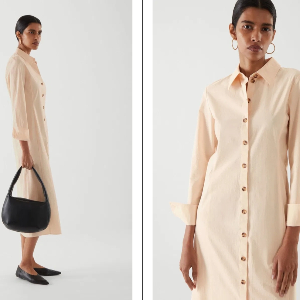 COS Peach Button-Front Long Sleeve Shirt Dress